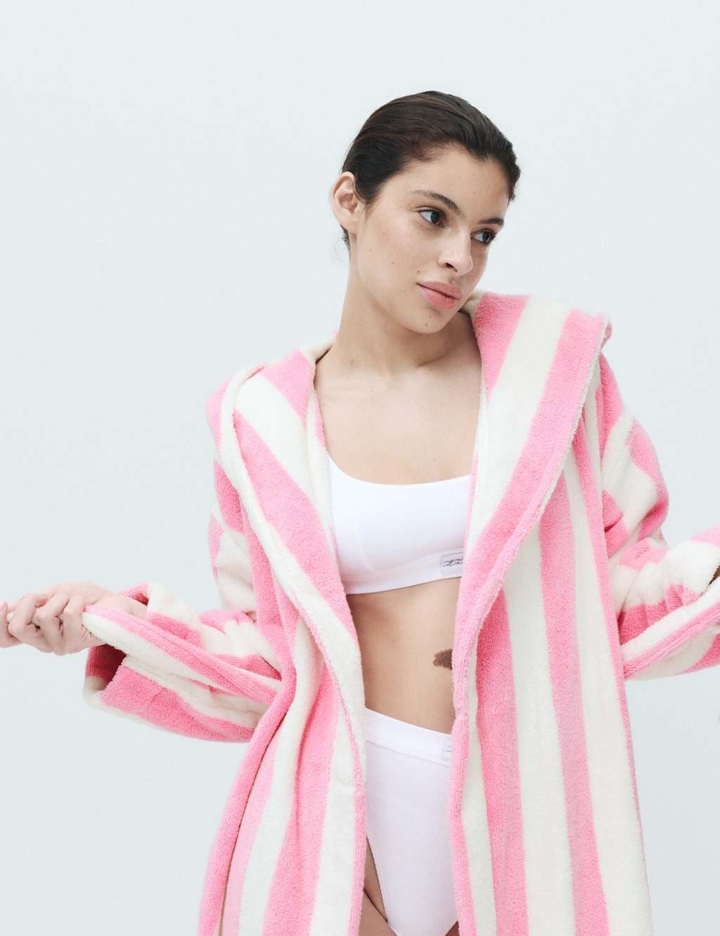 Marks & Spencer M&S Pure Cotton Towelling Striped Dressing Gown Pink Mix