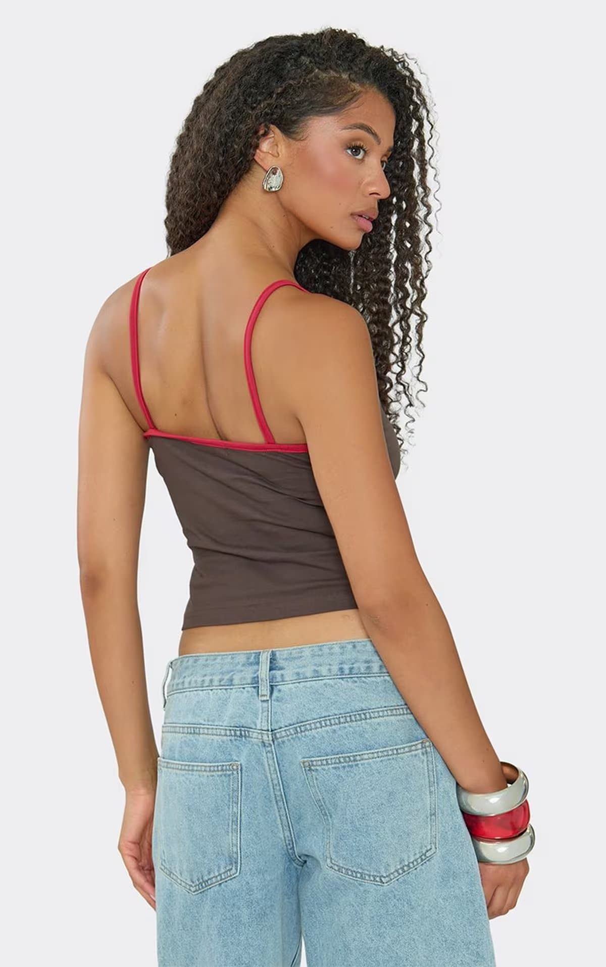 EGO Scoop Neck Contrast Hem Cami Top In Chocolate Brown, Women's Size UK 6