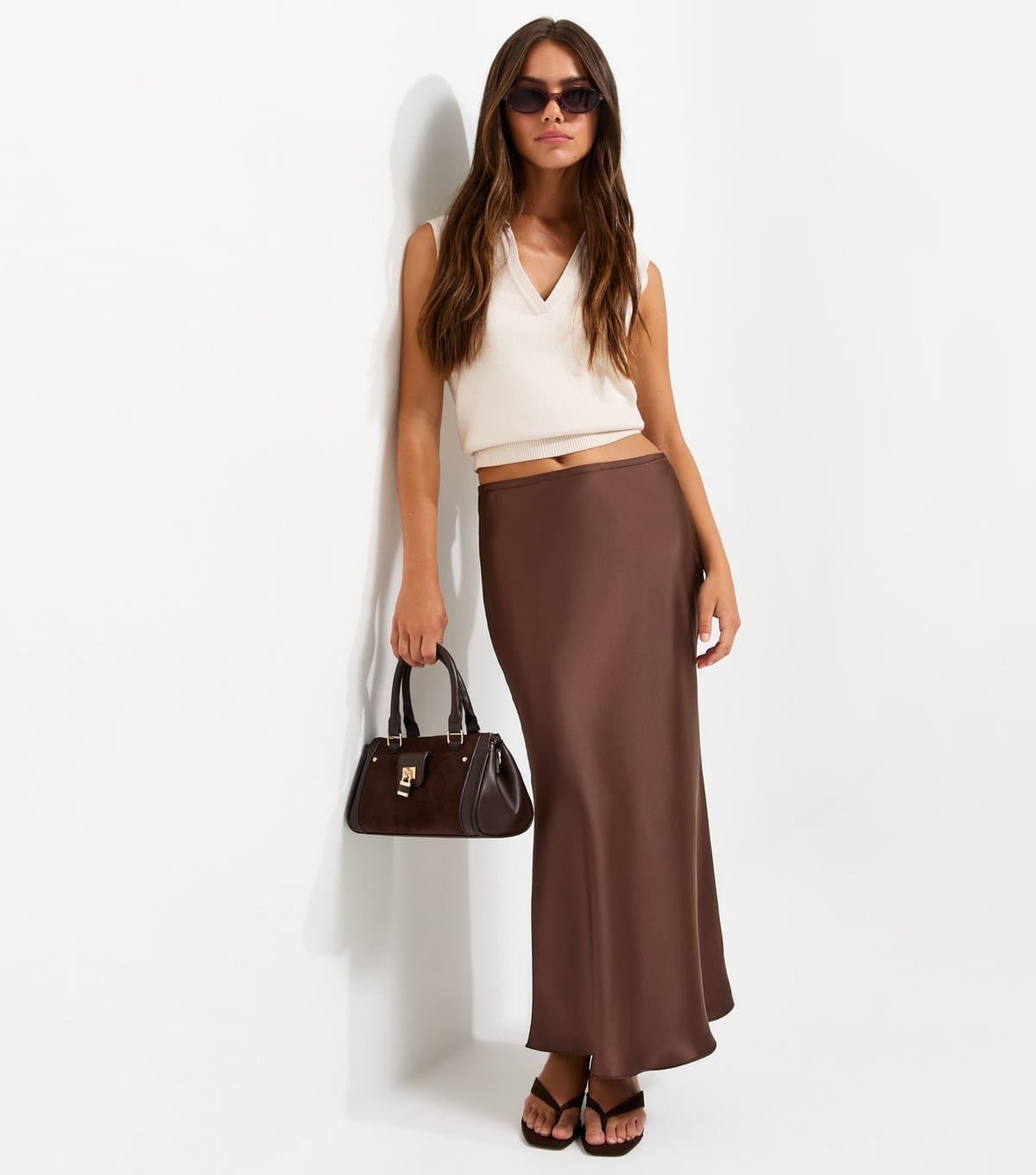 New Look Women's Petite Brown Satin Bias Cut Midi Skirt New Look