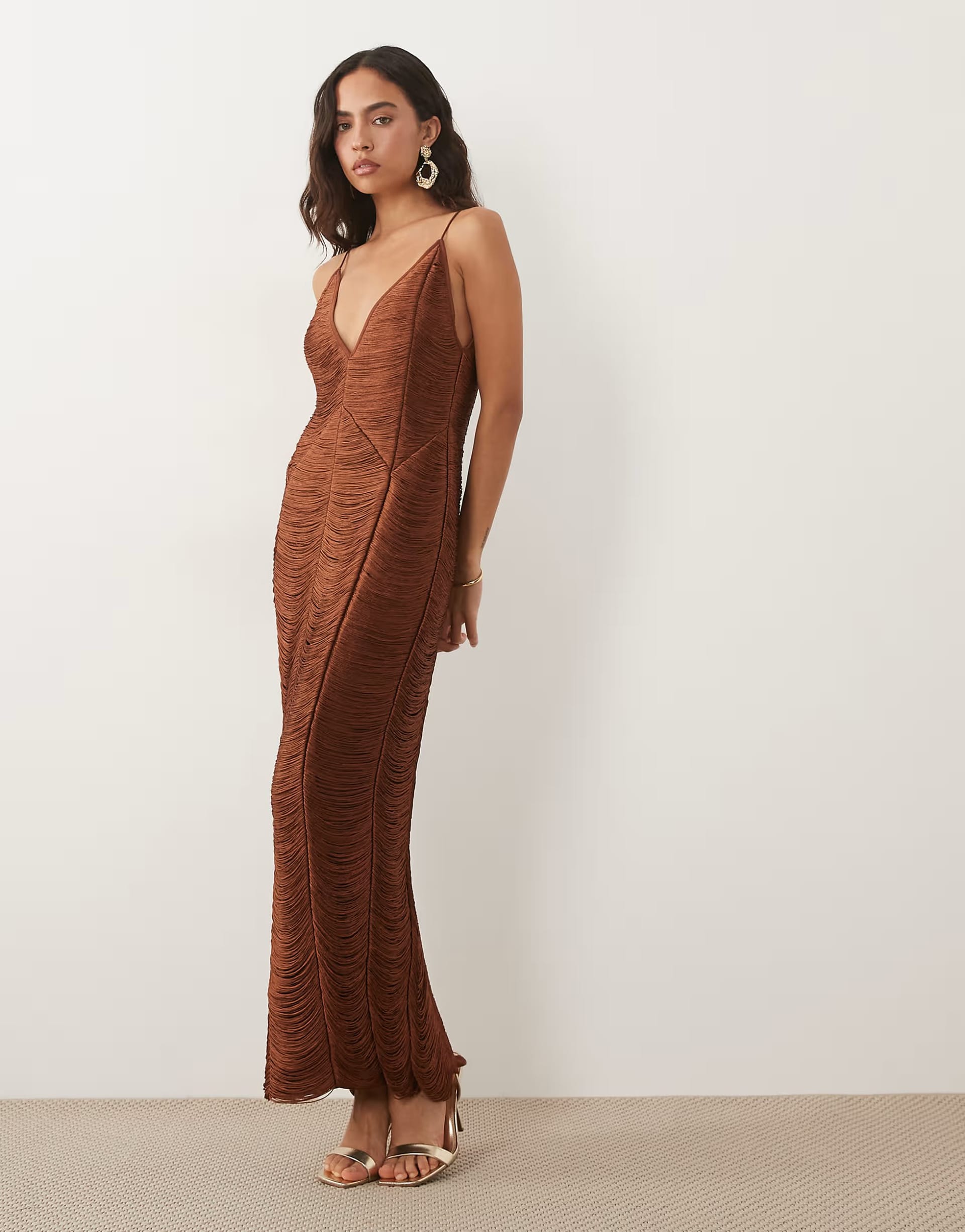 ASOS Brown Panelled V-Neck Cami Fringe Midi Dress