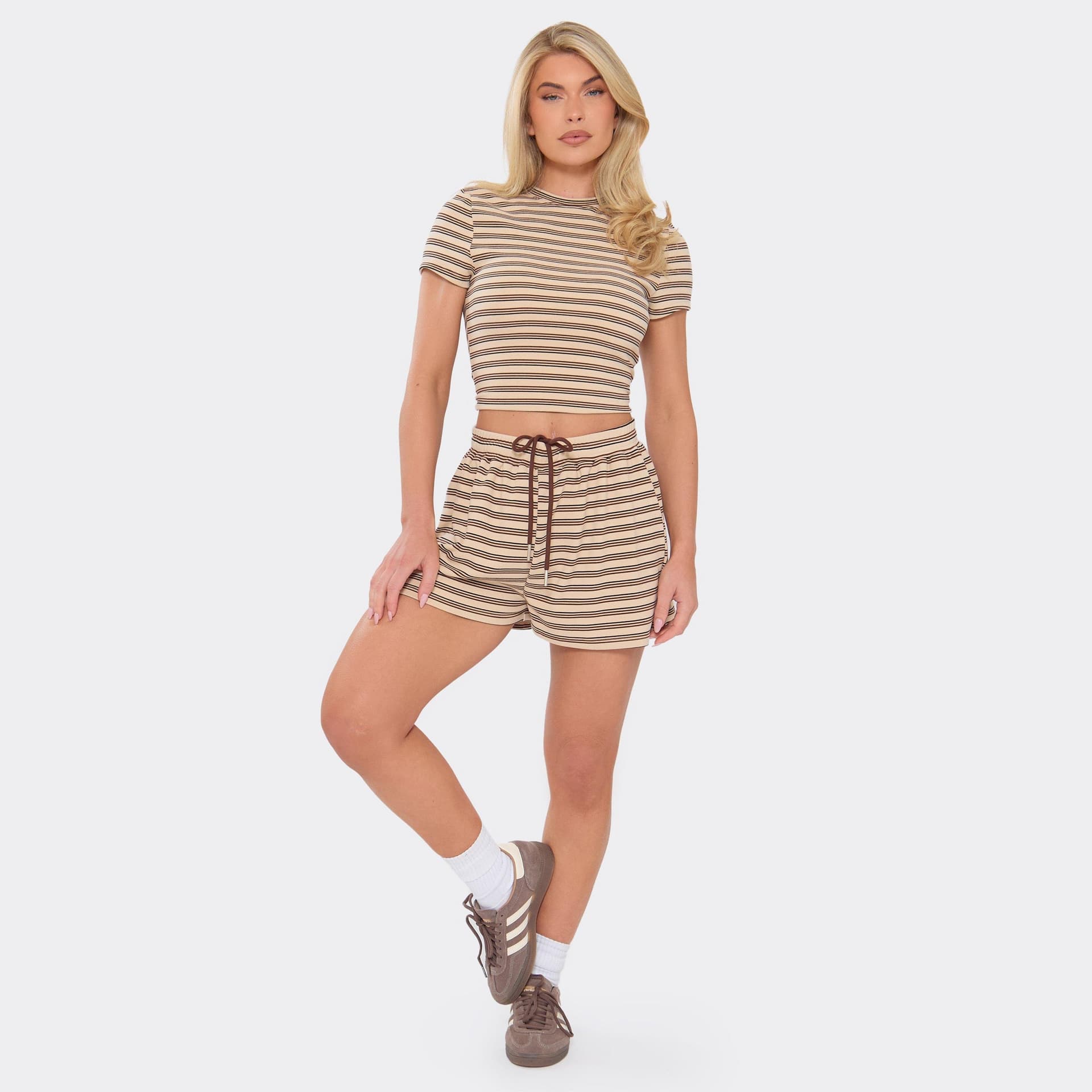 EGO Mid Rise Drawstring Waist Shorts In Cream Stripe Soft Fleece, Women's Size UK 6