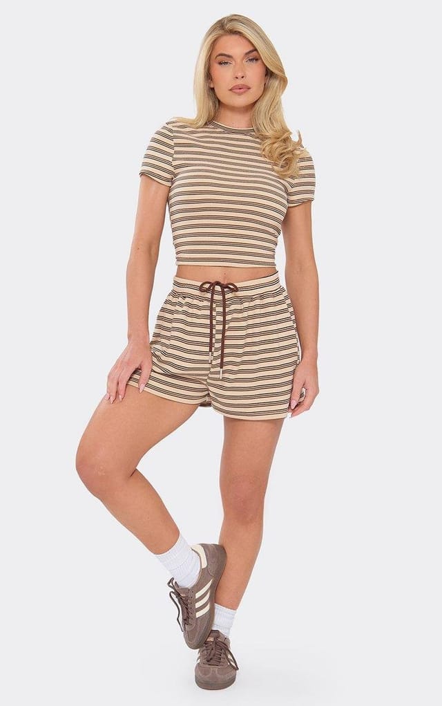 EGO Mid Rise Drawstring Waist Shorts In Cream Stripe Soft Fleece, Women's Size UK 6 - 2