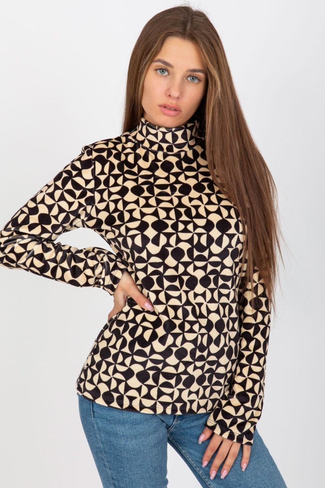 Love Lace Love Lace Women's Velour Stand Collar Long Sleeve Blouse in Beige