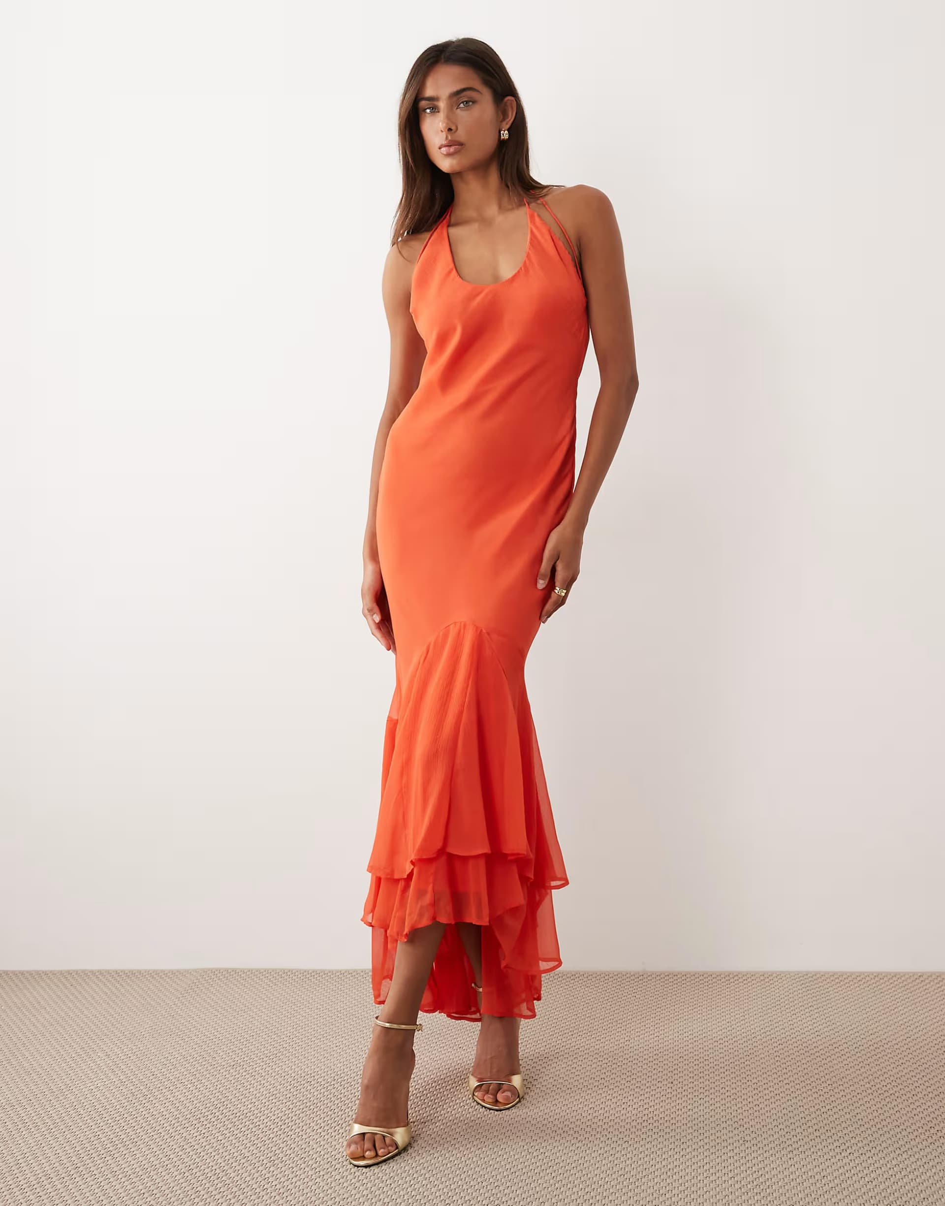 ASOS ASOS DESIGN strappy fishtail skirt ruffle maxi dress in red