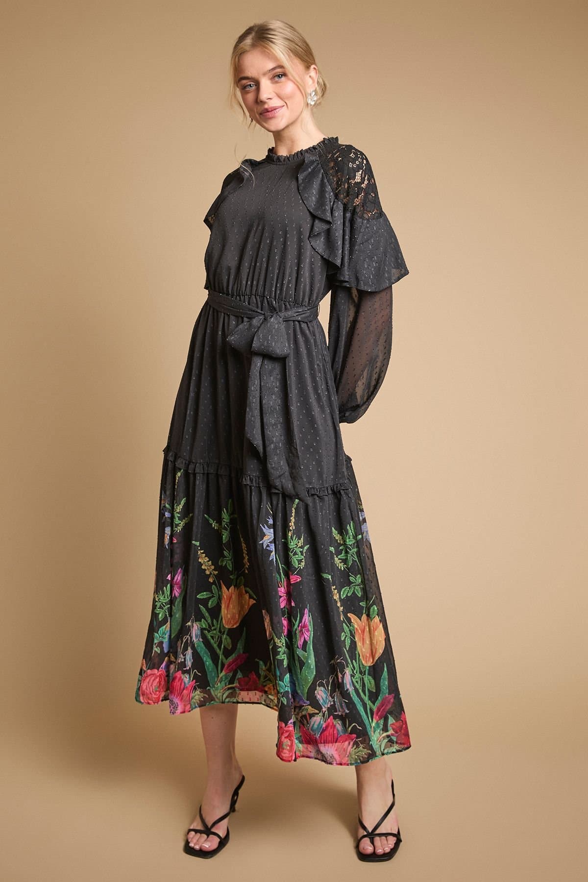 Oasis Oasis Women's Printed Chiffon Cape Detail Belted Waist Midi Dress in Black