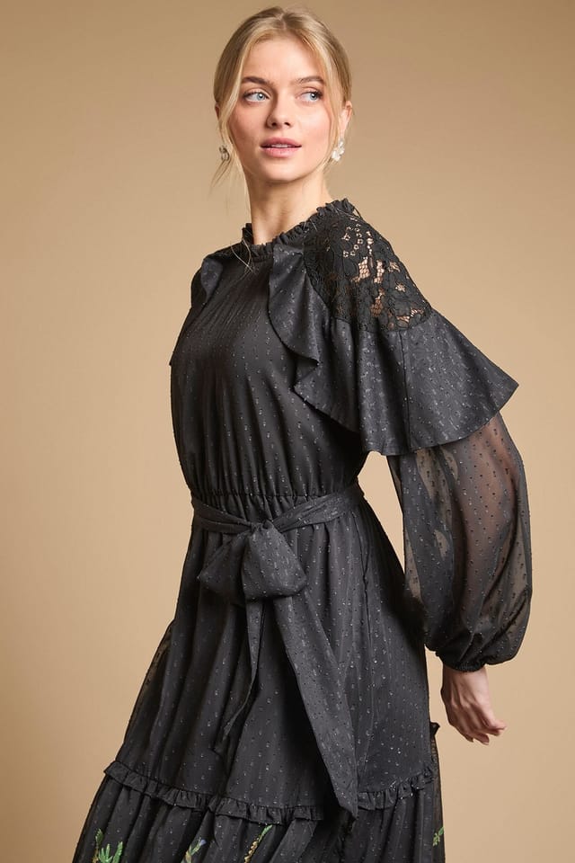 Oasis Oasis Women's Printed Chiffon Cape Detail Belted Waist Midi Dress in Black - 2