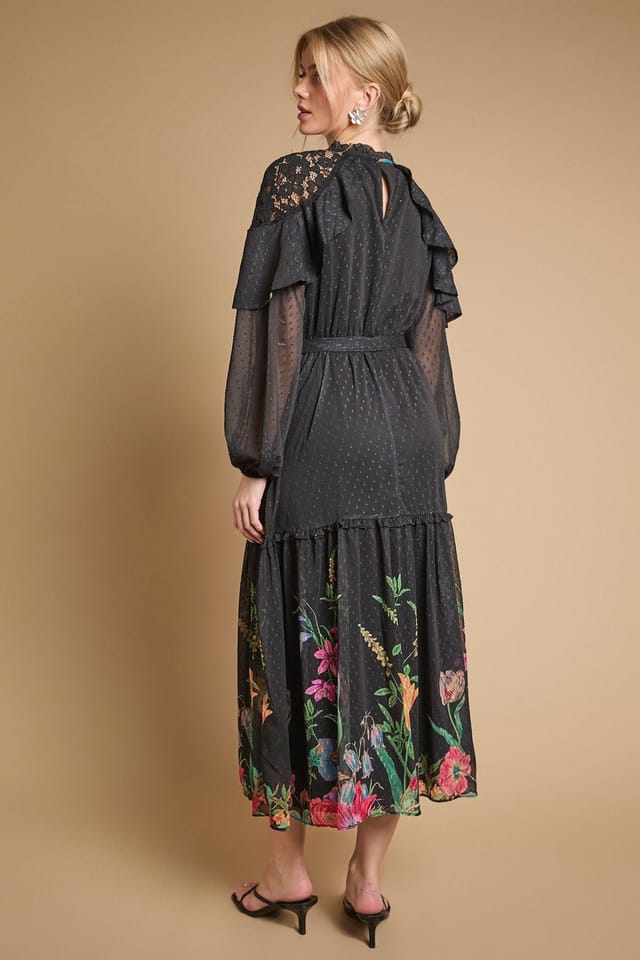 Oasis Oasis Women's Printed Chiffon Cape Detail Belted Waist Midi Dress in Black - 3