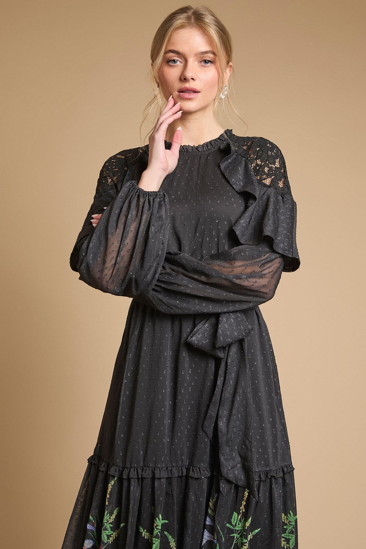 Oasis Oasis Women's Printed Chiffon Cape Detail Belted Waist Midi Dress in Black - 4