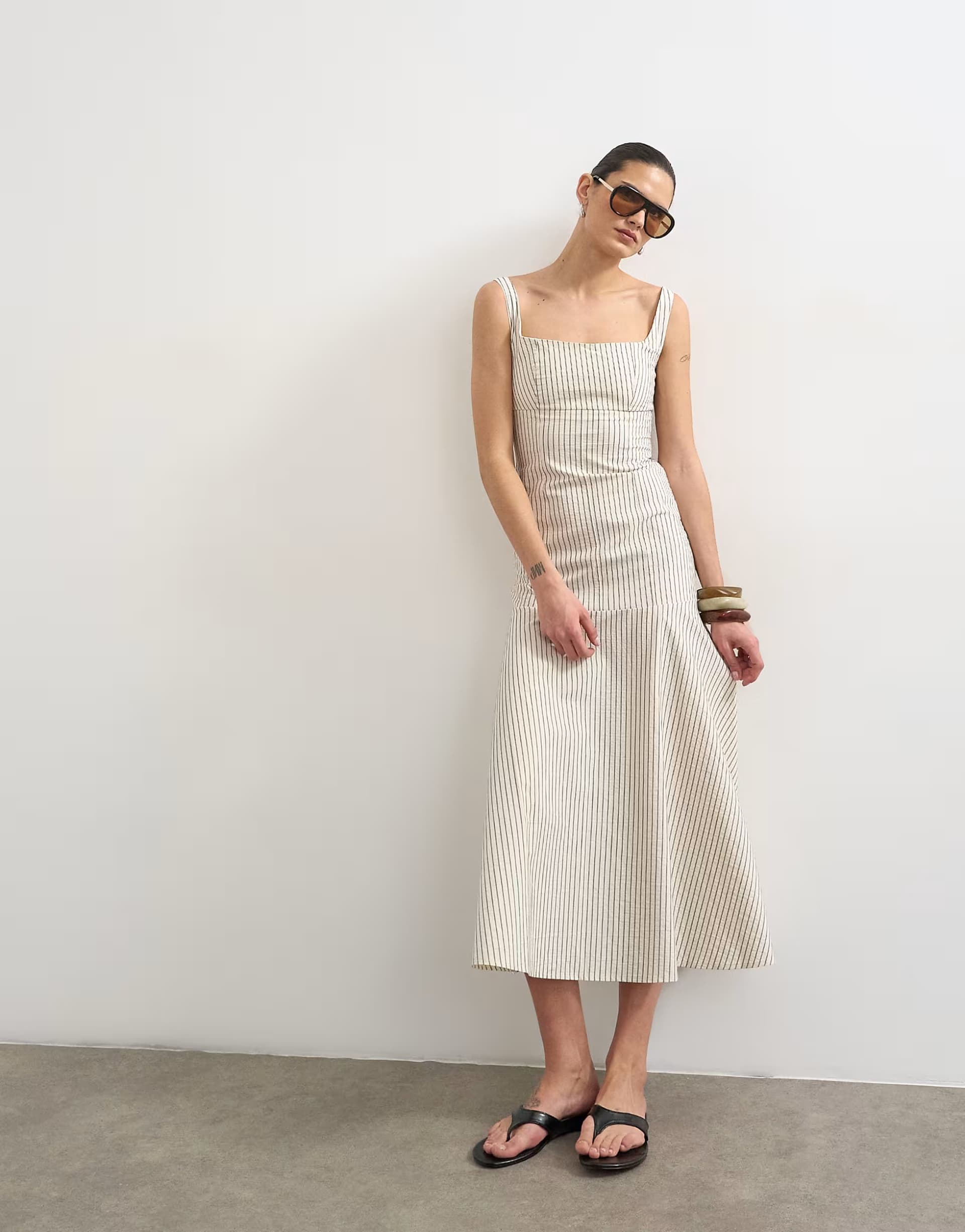 ASOS Topshop dropped waist woven stripe midi dress in mono