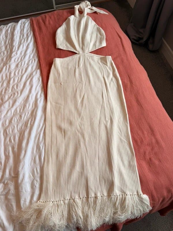Michelle Keegan Michelle Keegan Cream Ribbed Knit Feather Hem Maxi Dress Size 16