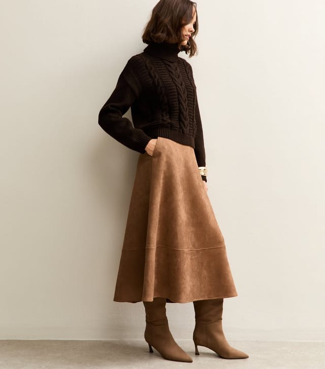 New Look Women's Tan Faux Suede A Line Midi Skirt New Look - 3