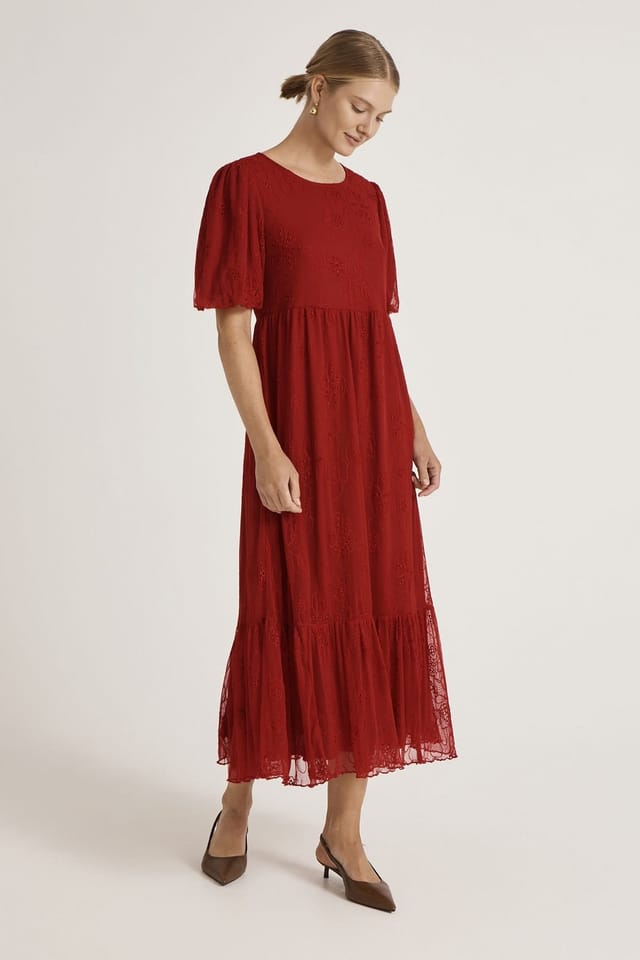 Finery London Finery London Women's Yasmine Floral Mesh Tiered Midi Dress in Dark Red - 2