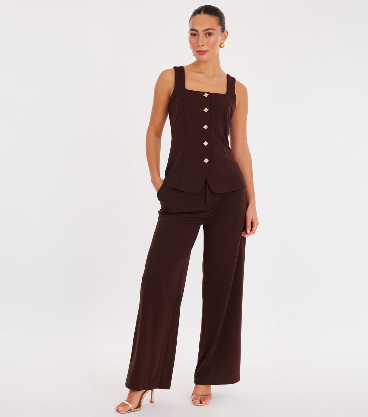 Quiz Women's Dark Brown Jersey Wide Leg Trousers Quiz New Look