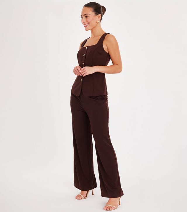Quiz Women's Dark Brown Jersey Wide Leg Trousers Quiz New Look - 2