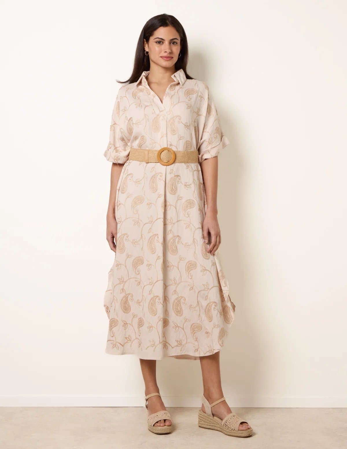 Blue Vanilla Tunic Style Button Front Dress With Paisley Embroidery