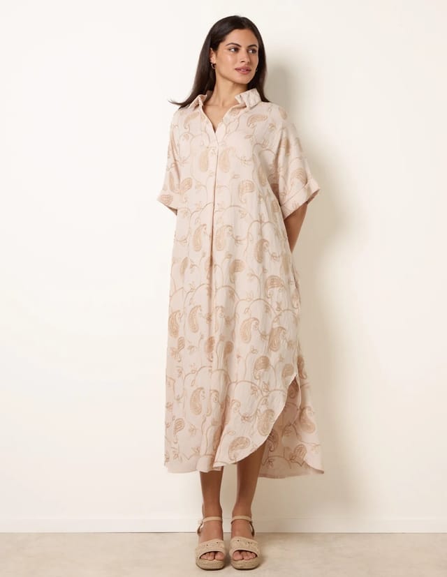 Blue Vanilla Tunic Style Button Front Dress With Paisley Embroidery - 2