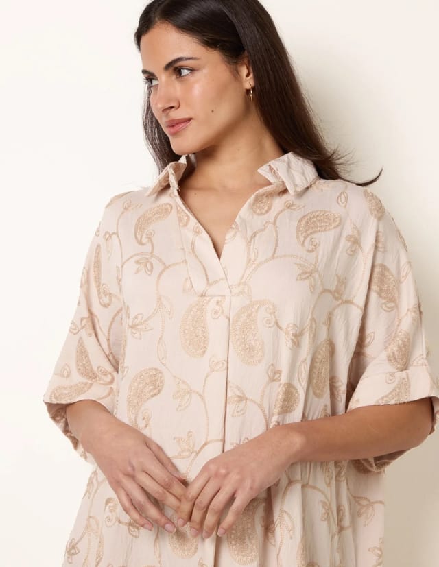 Blue Vanilla Tunic Style Button Front Dress With Paisley Embroidery - 3