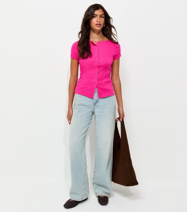 New Look Women's Bright Pink Cotton Rich Button Through Baby Tee T-Shirt New Look - 3