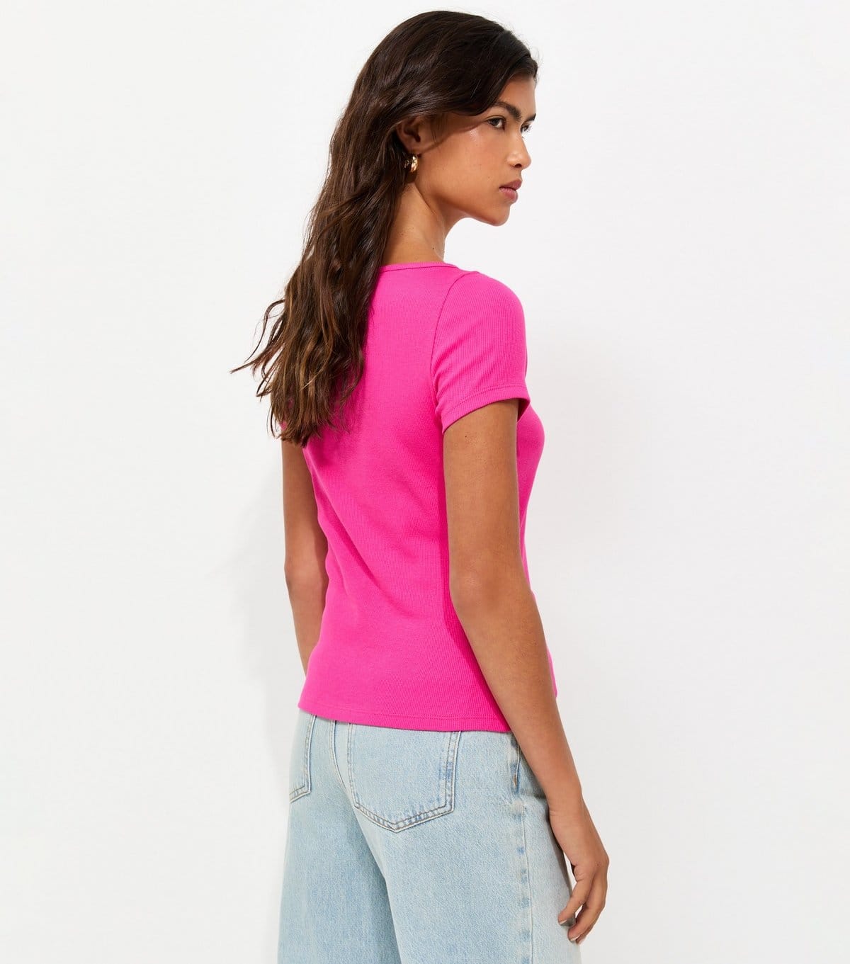 New Look Women's Bright Pink Cotton Rich Button Through Baby Tee T-Shirt New Look - 4