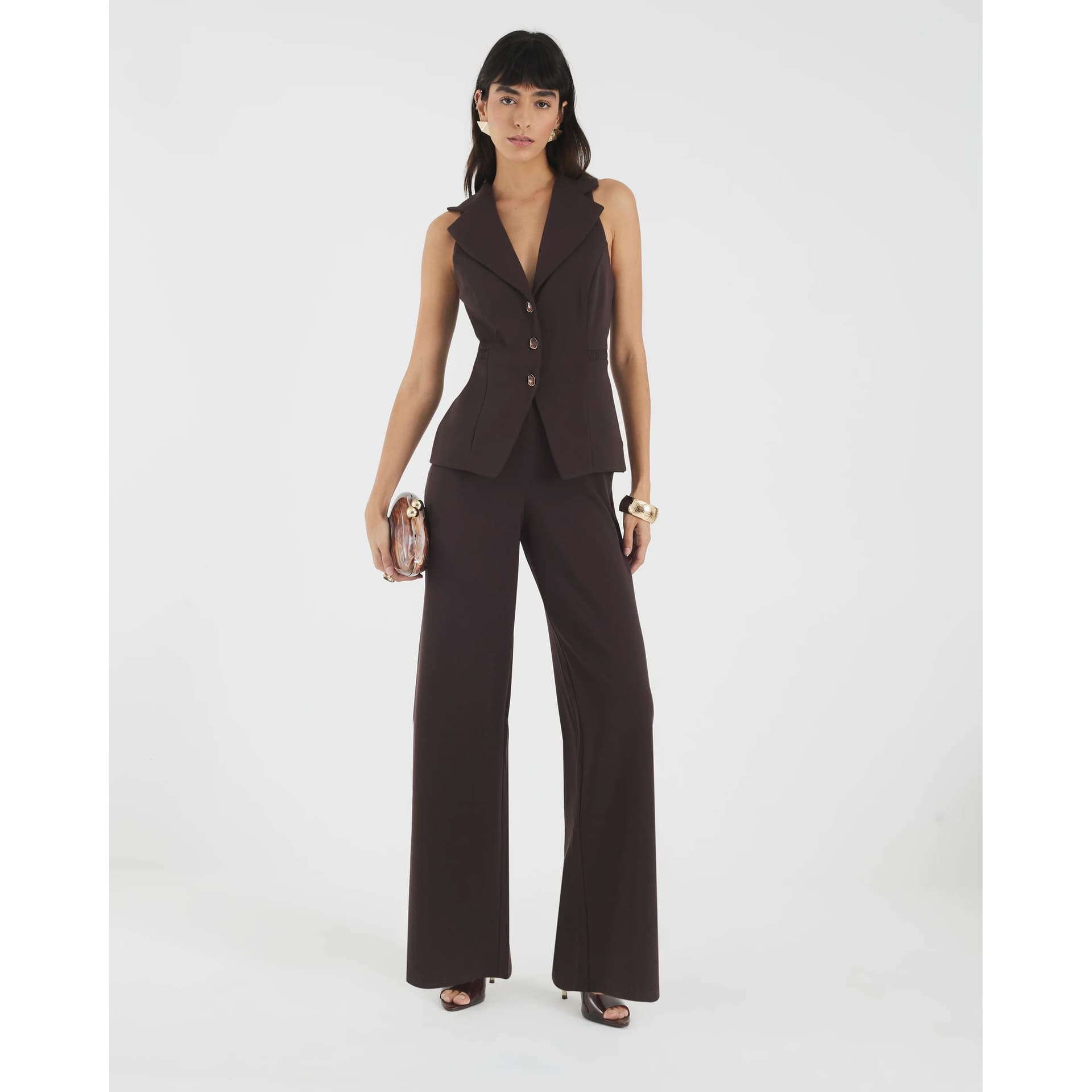 River Island River Island Womens Brown Sleeveless Ruched Waist Jumpsuit