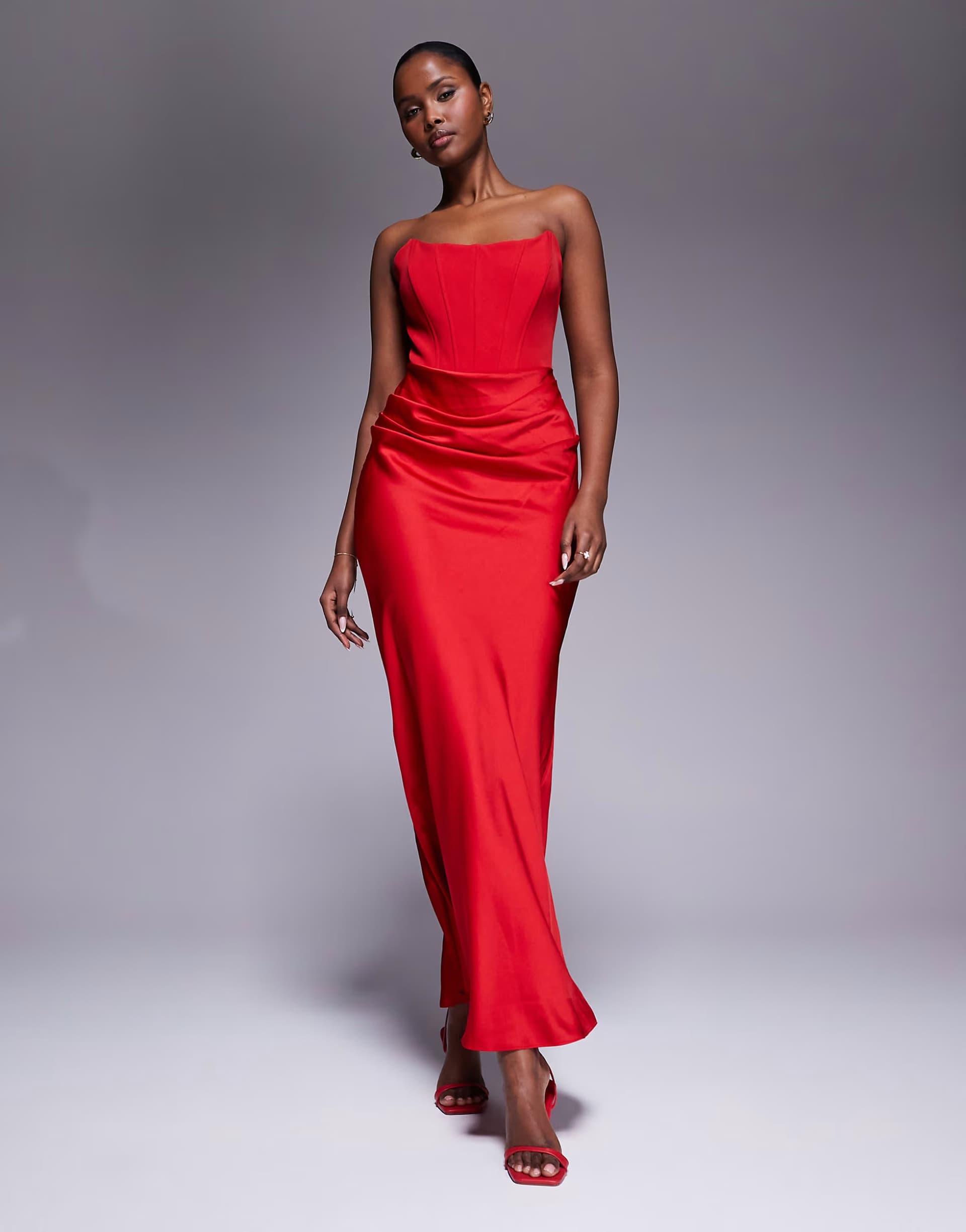 ASOS Forever New structured corset satin drape detail maxi dress in red