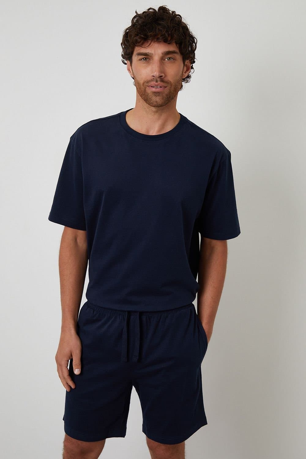 Threadbare Threadbare Men's Relaxed Fit Peached Cotton Shortie Lounge Set in Navy