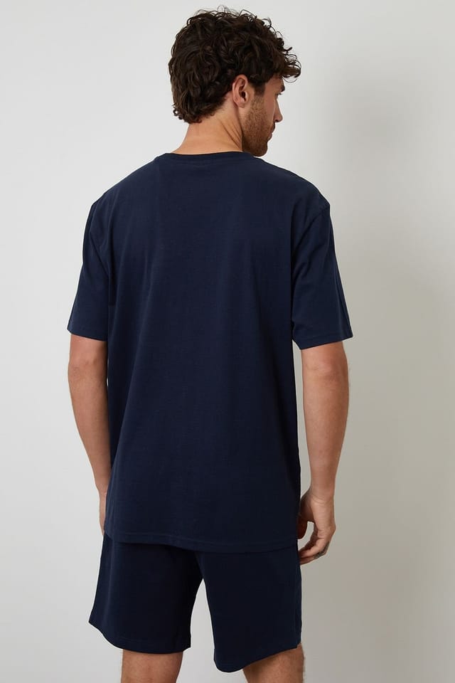 Threadbare Threadbare Men's Relaxed Fit Peached Cotton Shortie Lounge Set in Navy - 2