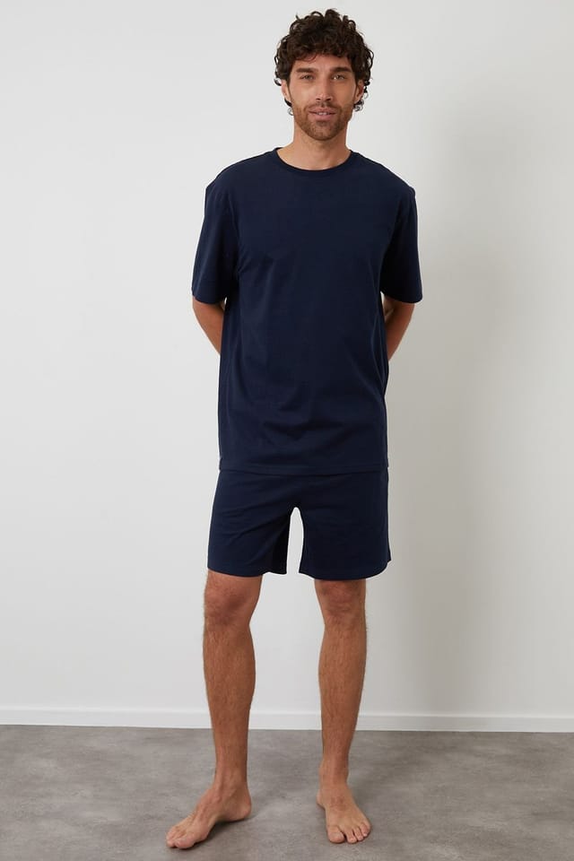 Threadbare Threadbare Men's Relaxed Fit Peached Cotton Shortie Lounge Set in Navy - 3