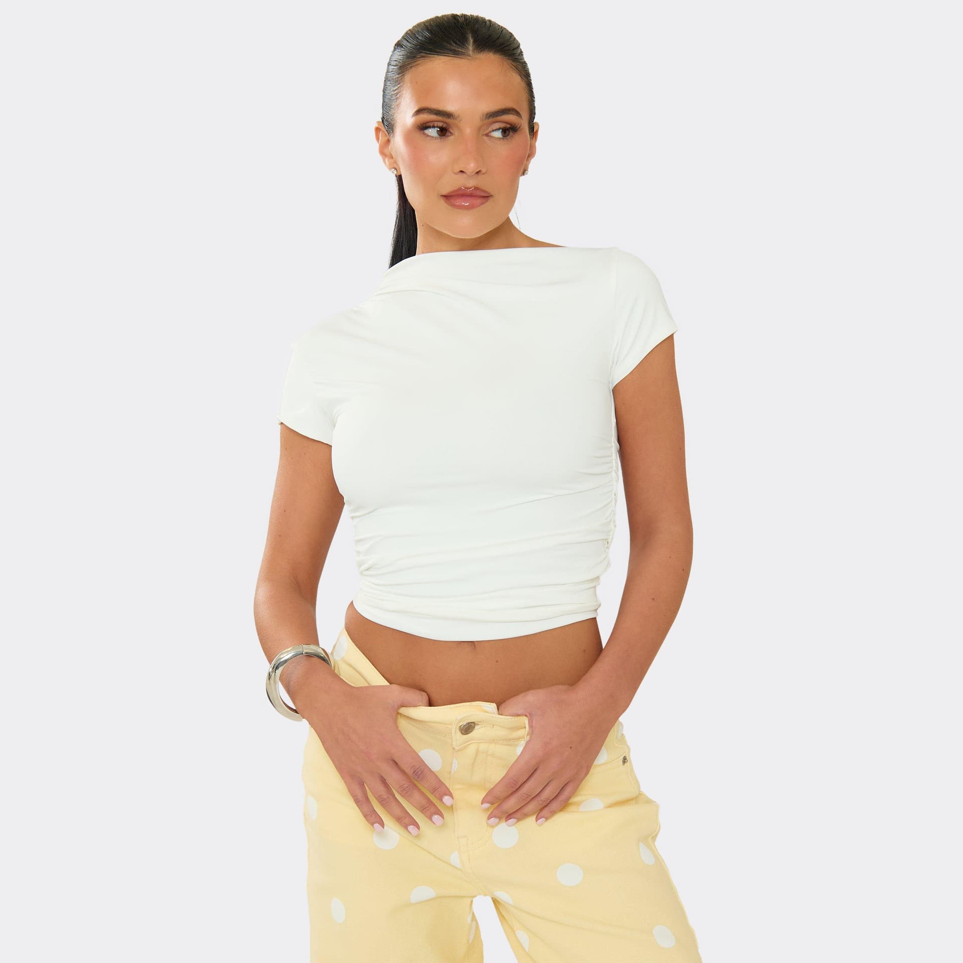 EGO Short Sleeve Ruched Cinched Waist Crop Top In White, Women's Size UK L