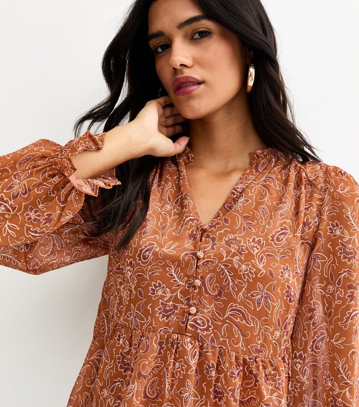 New Look Women's Brown Paisley Chiffon Buttoned Peplum Blouse New Look