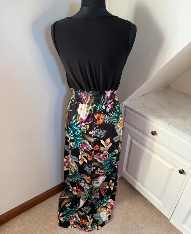 Boohoo Boohoo V Neck Stretch Tropical Print Black Multi Colour Maxi Dress Size 12