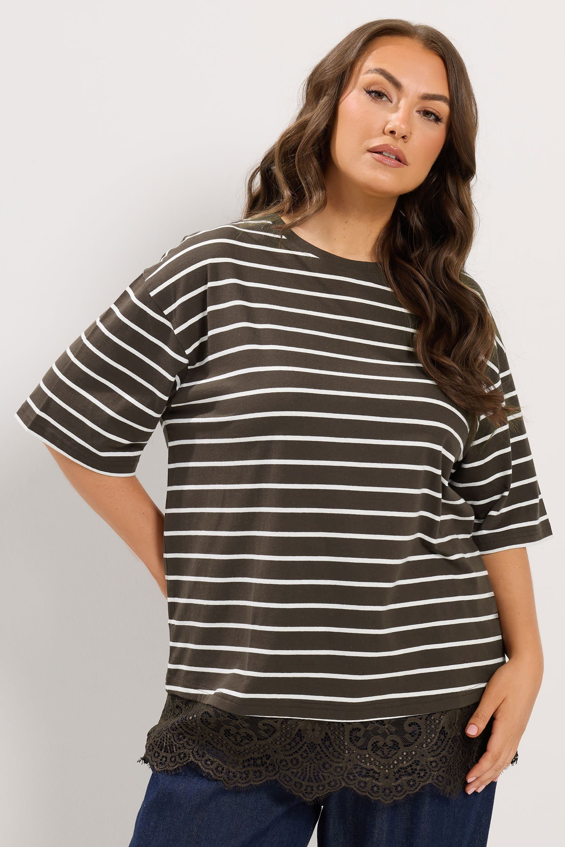 Yours Plus Size Chocolate Brown Stripe Lace Hem Tshirt