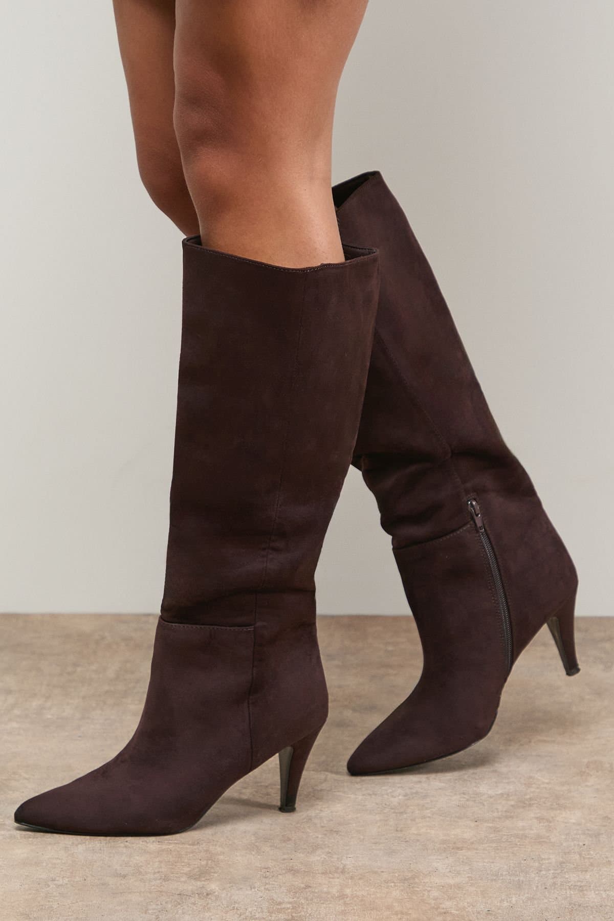 Oasis Oasis Women's Lilian Faux Suede Soft Point Medium Heel Pull On Knee Boots in Chocolate