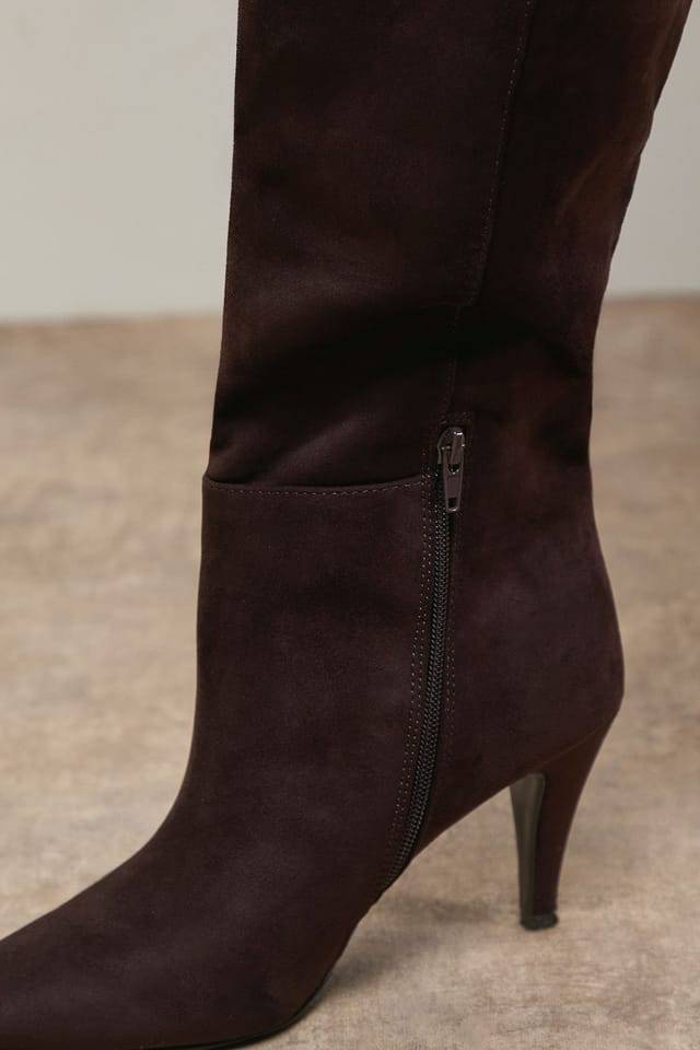 Oasis Oasis Women's Lilian Faux Suede Soft Point Medium Heel Pull On Knee Boots in Chocolate - 3