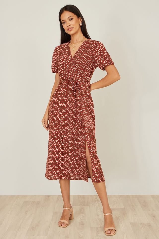 Yumi Yumi Women's Brown Spot Wrap Midi Dress - 2