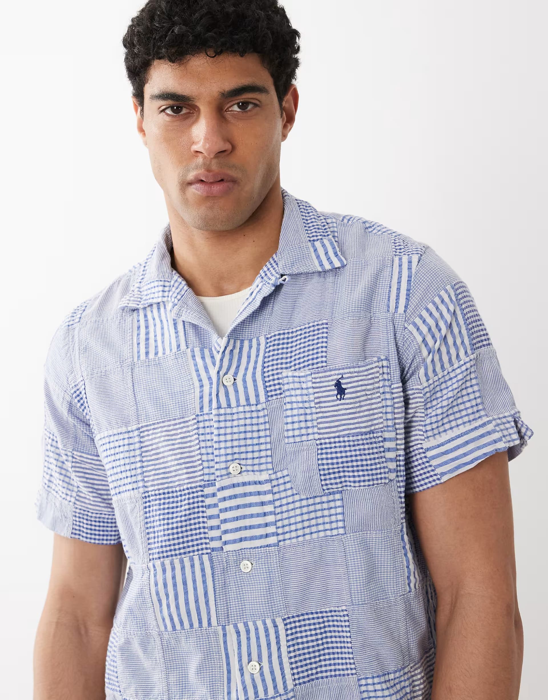 ASOS Polo Ralph Lauren icon logo patchwork print short sleeve shirt in blue