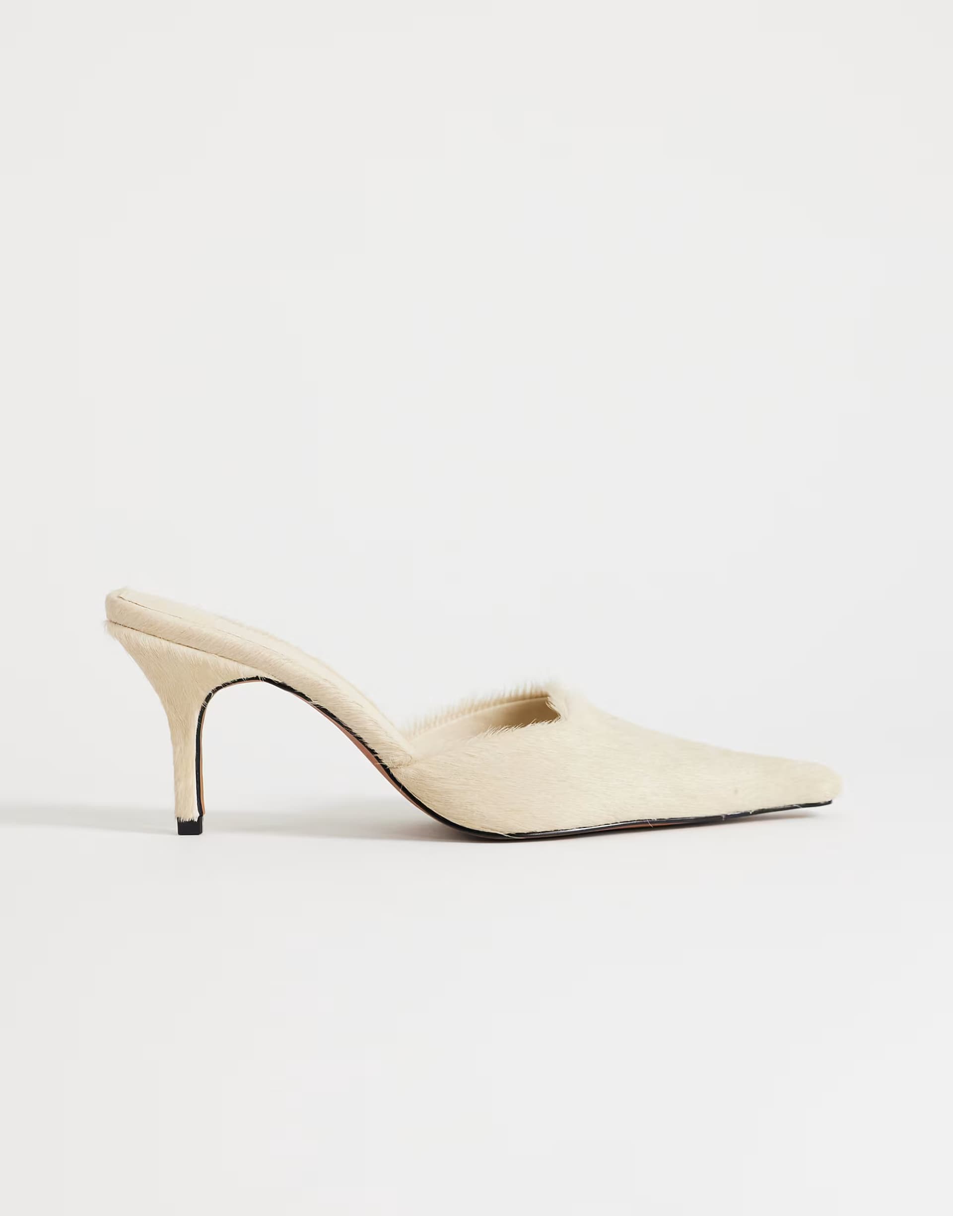 ASOS Topshop Alfie real hair on leather pointed mid heeled mule court shoe in off white