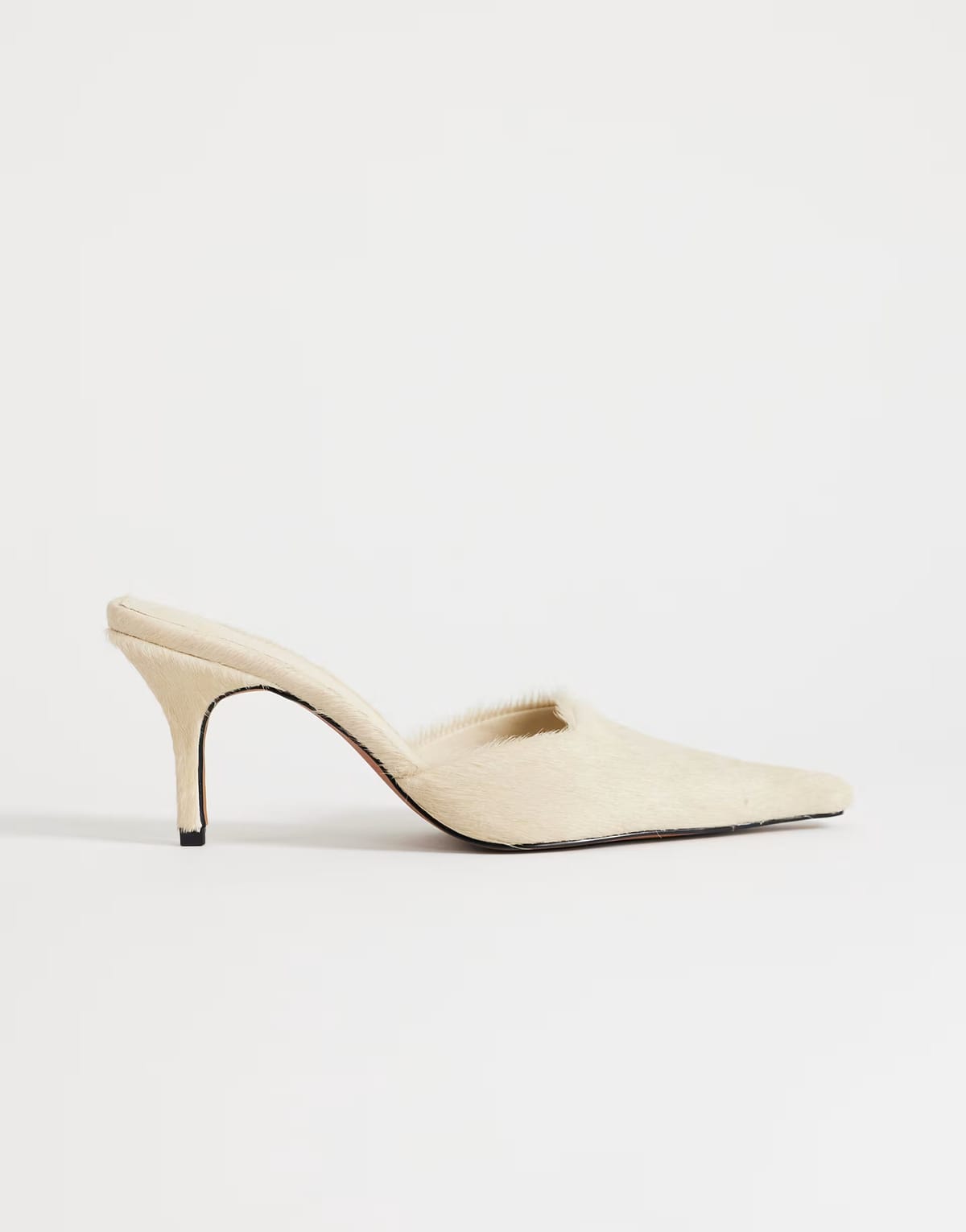 ASOS Topshop Alfie real hair on leather pointed mid heeled mule court shoe in off white - 1