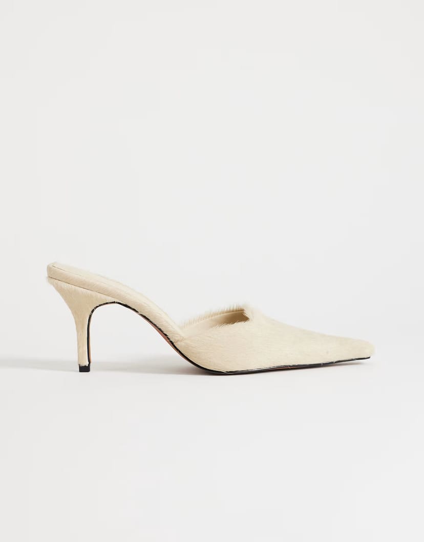 ASOS Topshop Alfie real hair on leather pointed mid heeled mule court shoe in off white - 1