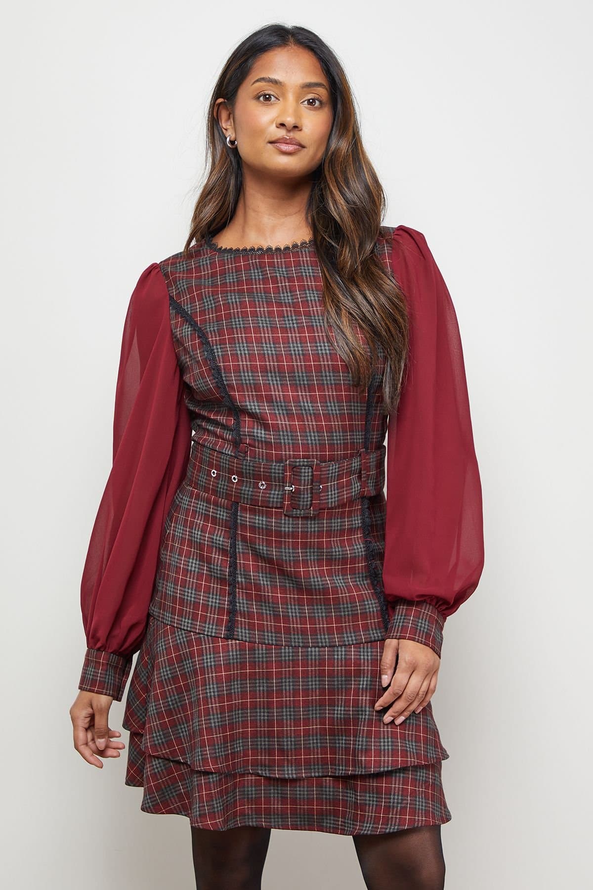 Oasis Oasis Women's Checked Belted Balloon Sleeve Flippy Mini Dress in Burgundy