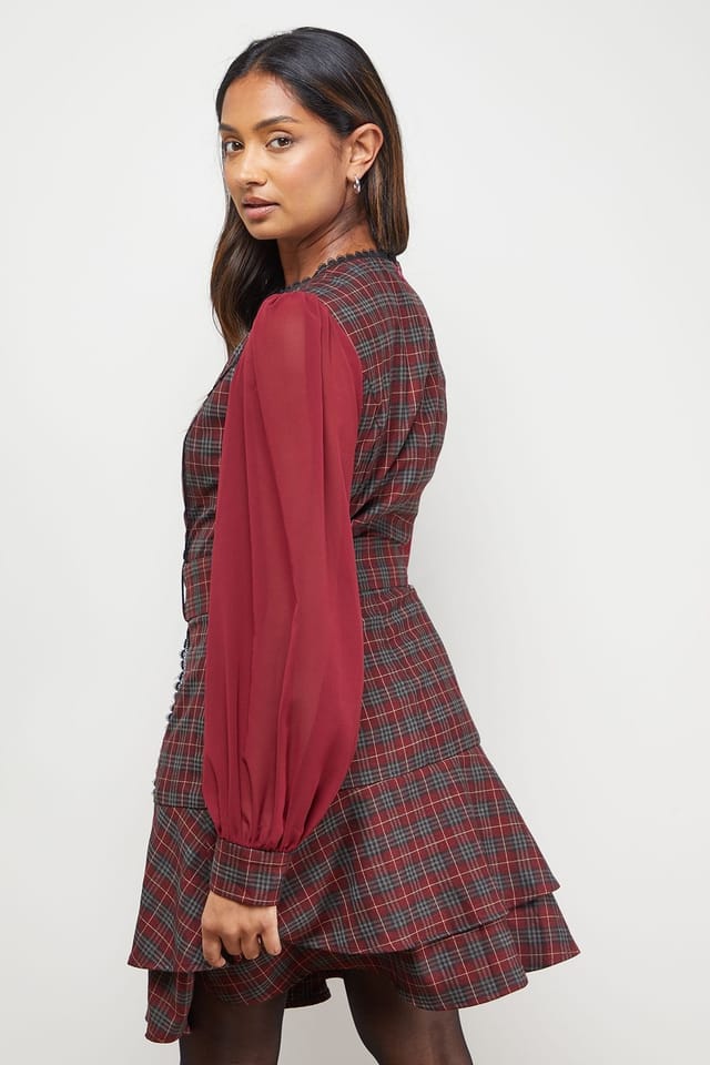 Oasis Oasis Women's Checked Belted Balloon Sleeve Flippy Mini Dress in Burgundy - 3