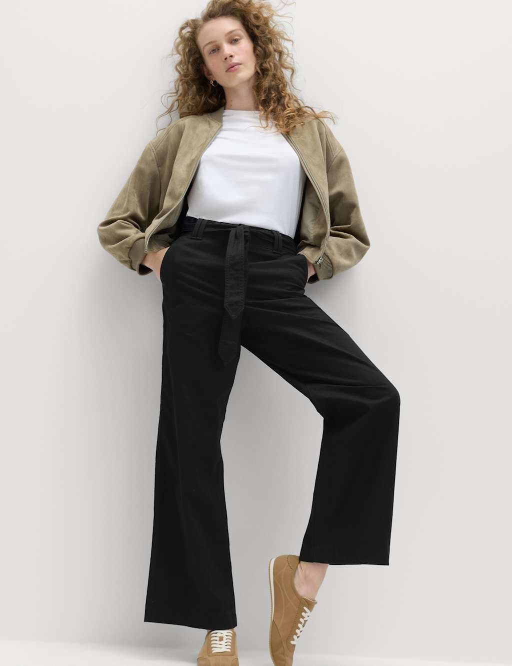 Marks & Spencer M&S Pure Cotton Belted Straight Leg Trousers Black