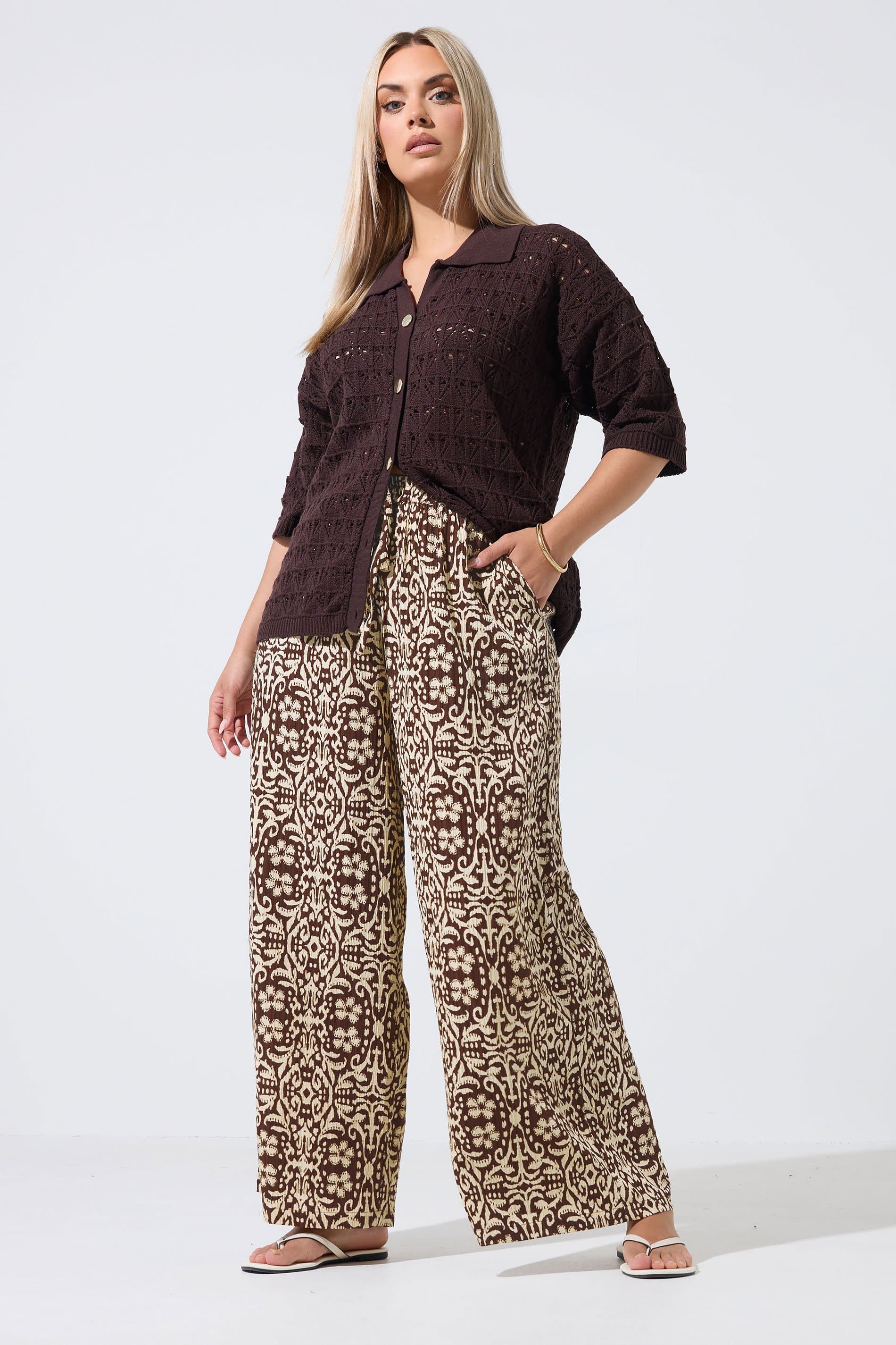 Yours Limited Collection Plus Size Brown Abstract Wide Leg Trousers