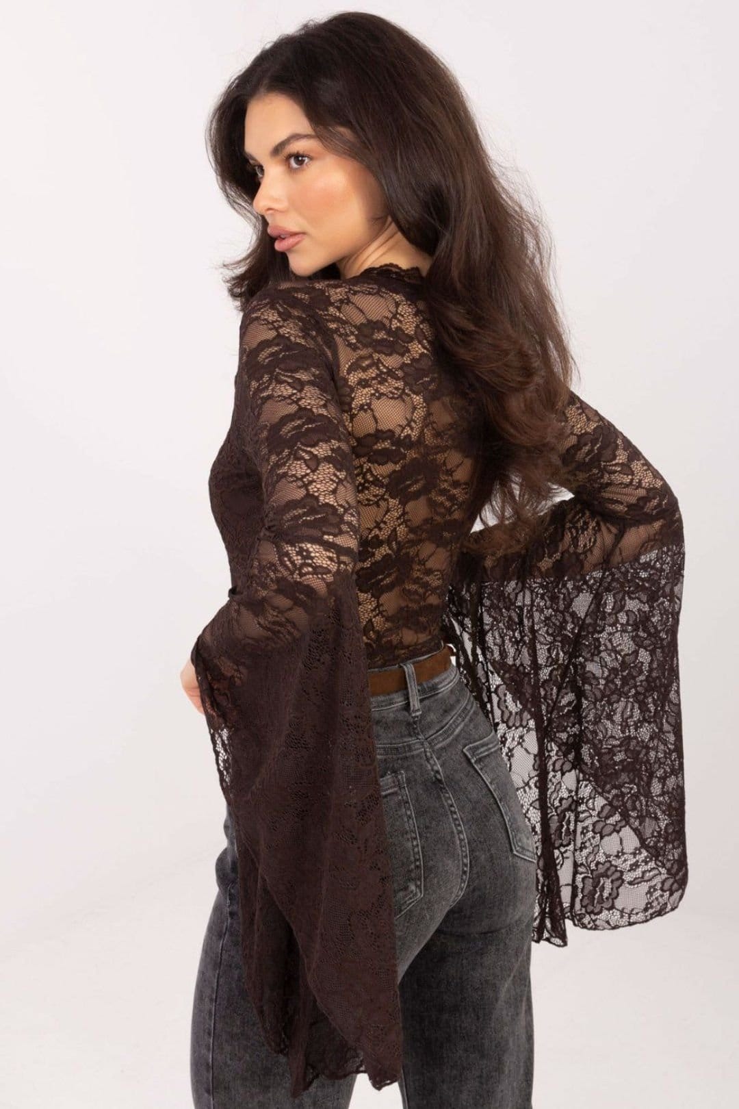 Love Lace Love Lace Women's Elegant Flared Sleeve Lace V Neck Blouse in Brown - 4
