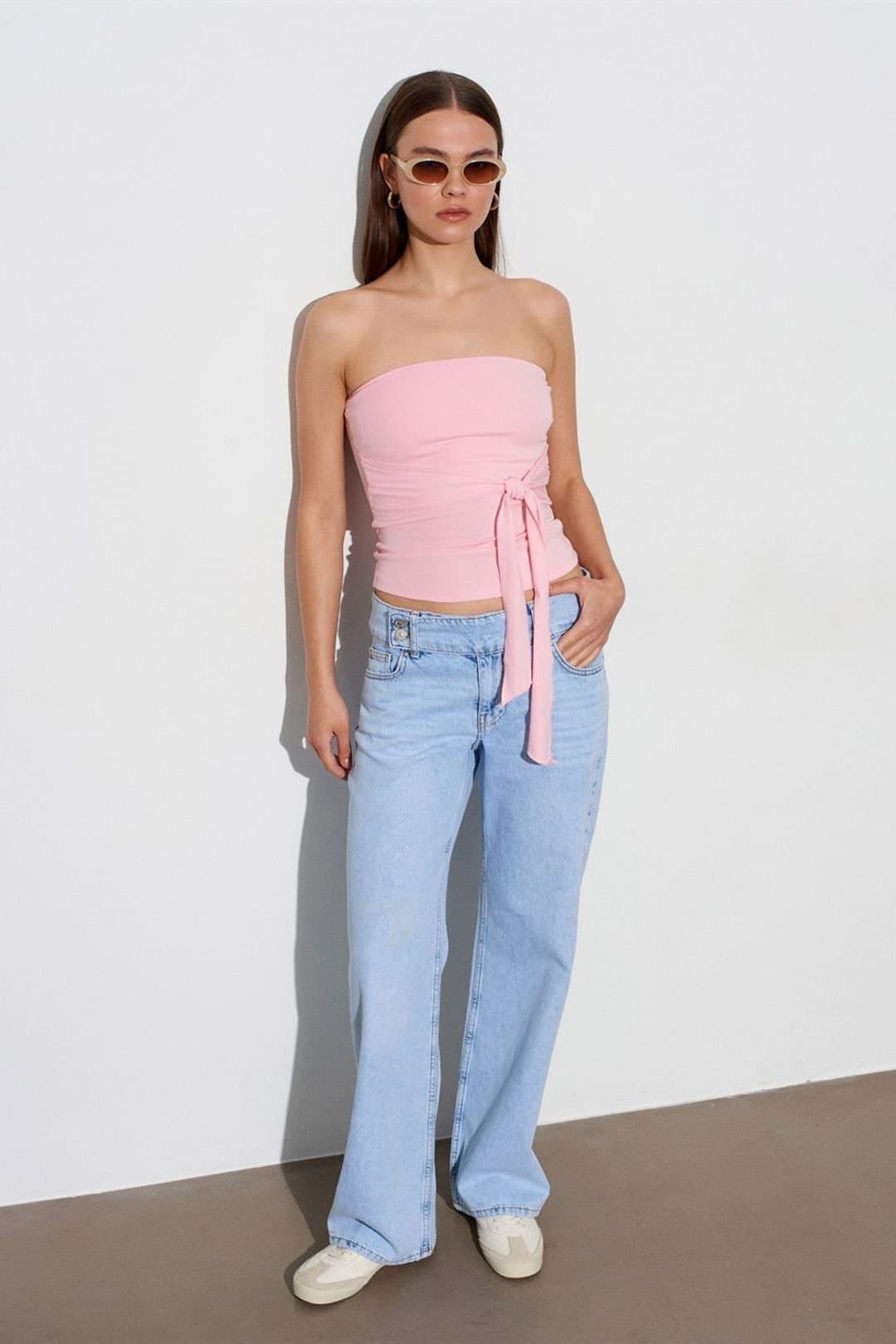 Dilvin Dilvin Women's Mid-Waist Wide-Leg Cotton Denim Jeans in Light Blue