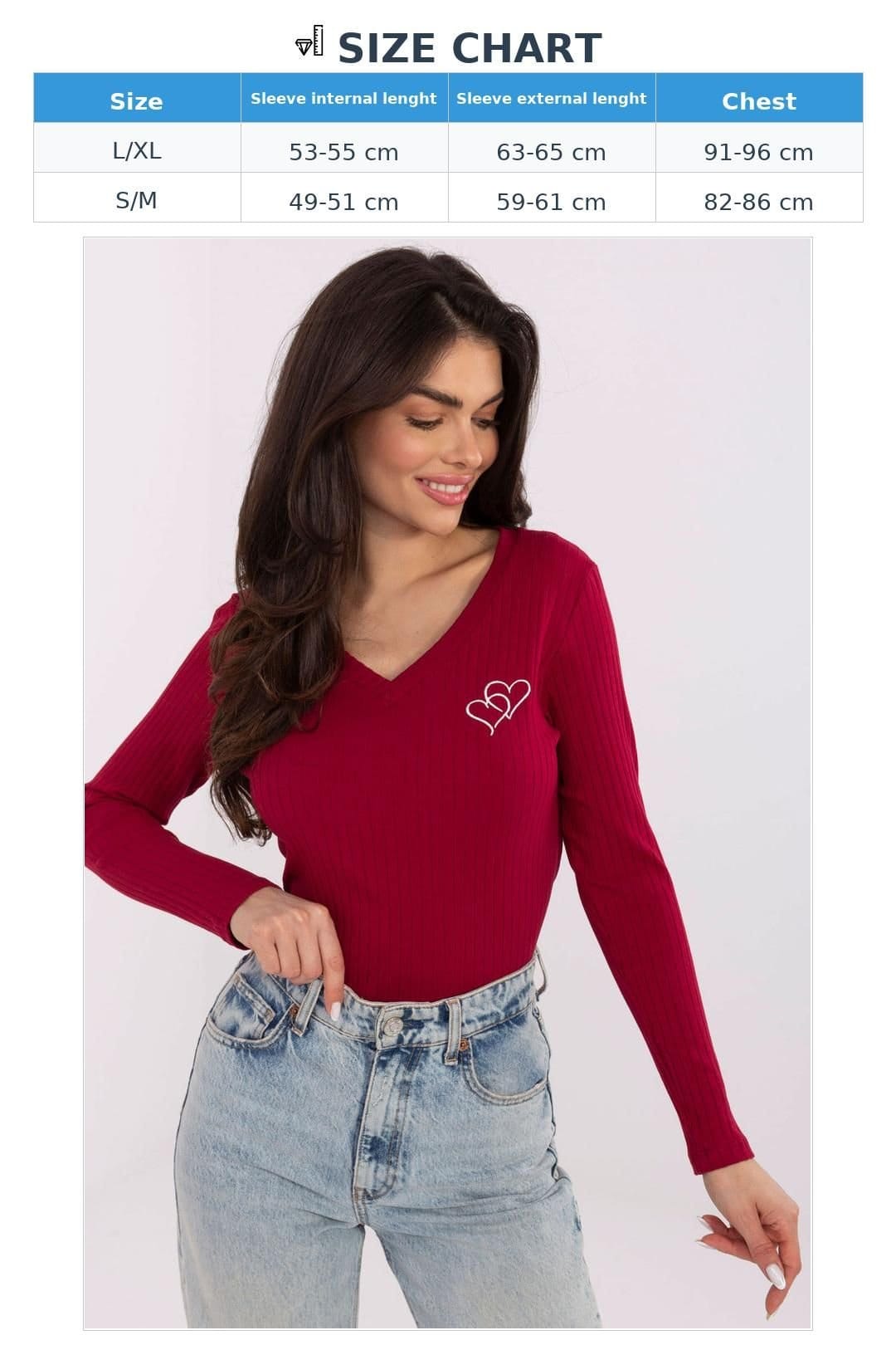 Love Lace Love Lace Women's Ribbed Cotton Elastane V Neck Heart Blouse in Red - 4