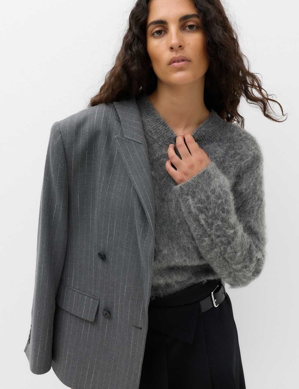 Marks & Spencer M&S Wool Blend V-Neck Jumper with Mohair Mid Grey
