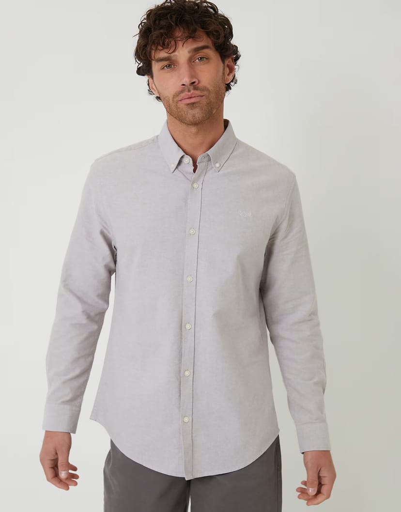 ASOS Threadbare Oxford cotton slim fit long sleeve shirt in taupe - 1