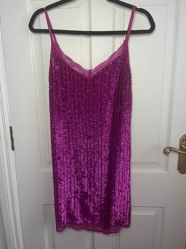 Topshop Pink Sequin Dress With Lace Trim