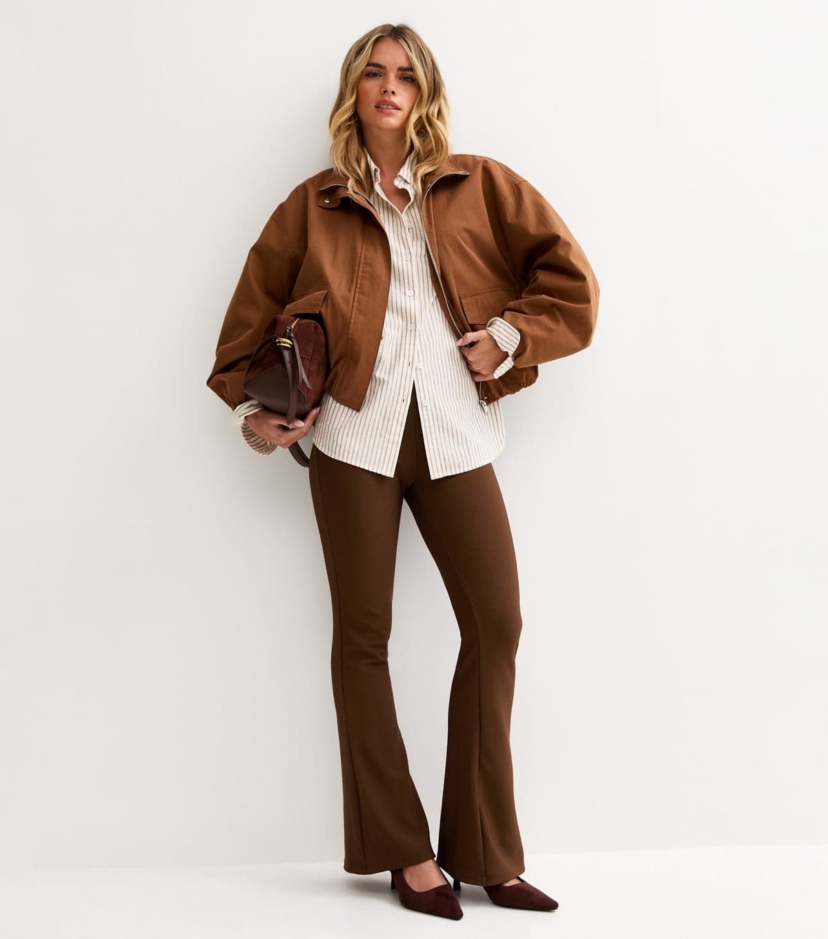 New Look Women's Petite Dark Brown Ribbed Flare Trousers New Look